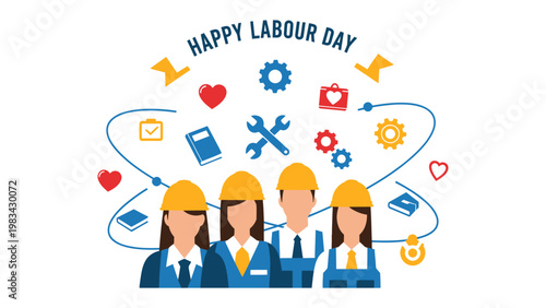 Labor Day Tribute: A vibrant illustration honors the hardworking laborers, celebrating their dedication with a symbolic ensemble of tools and emblems of industry.