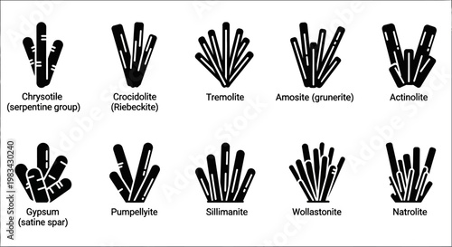 Mineral crystal structures, geology icons set, 10 crystal formations, mineralogy symbols, black and white vector graphics