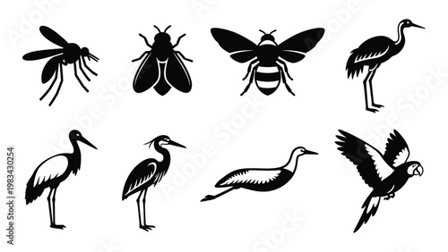 A collection of black silhouette illustrations depicting various insects and wading birds high quality professional detailed