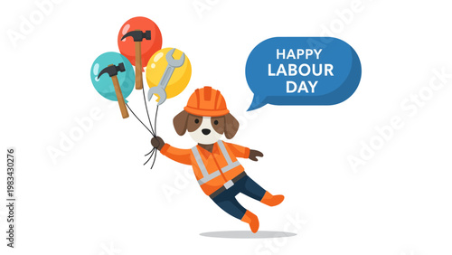 Labor Day Celebration: A cheerful illustration depicts a cartoon dog celebrating Labor Day, holding balloons adorned with tools.