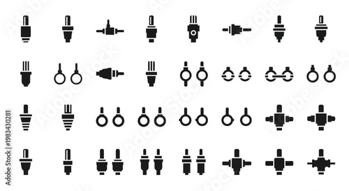 Industrial plug icons, socket symbols, electrical connectors, 40 black vector graphics