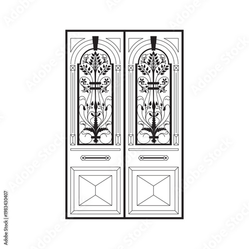 Black and white line art of antique double doors featuring symmetrical botanical scrollwork, arched floral panels, and raised lower panels. Elegant vintage architecture.