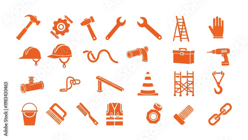 Essential Toolkit Icons: A comprehensive set of orange-colored construction and repair tools and equipment, offering a visual inventory of instruments, perfect for various project needs. 