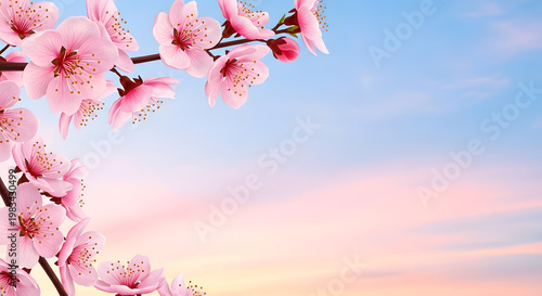 Pink cherry blossoms frame light blue sky with gentle pastel clouds.