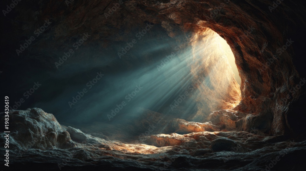 Fototapeta premium Light Rays Emerge from an Empty Tomb, Illuminating the Darkness with a Glowing Aura of Mystique