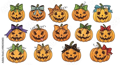 Festive Halloween Pumpkins with Bows - A Cheerful Holiday Collection.