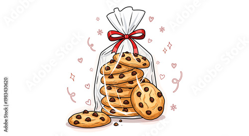 Chocolate chip cookies in a clear plastic bag with red ribbon and decorative hearts
