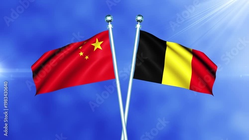 China and Belgium Flag Waving On Pole Loop