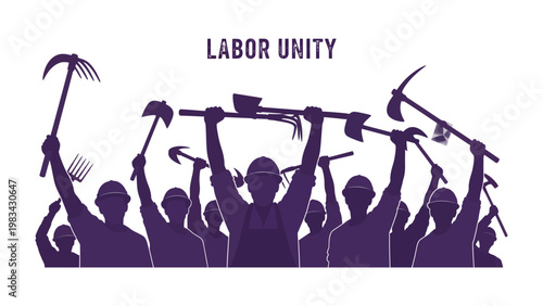 Strength in Unity: An emblem of solidarity, a group of workers stands united, their silhouettes against the sky, symbolizing the collective strength of labor.