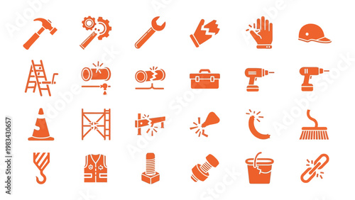 Crafting and Constructing Icons: A detailed collection of construction tools, arranged meticulously, perfect for diverse industry or business needs.