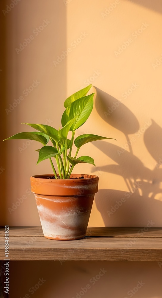 Fototapeta premium Potted Plant in Warm Light - A Symbol of Growth and Serenity.