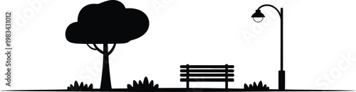 Park landscape silhouette vector featuring a large leafy tree wooden bench and vintage street lamp isolated on a white background.