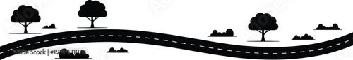 Panoramic black and white vector illustration of a long country road path with trees and shrubbery in minimalist silhouette style.