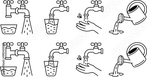 Professional set of outline graphics showing water flow from taps into various containers including cups bowls and irrigation watering equipment.
