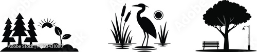 Nature vector silhouette set featuring forest pine trees rising sun wetland heron bird with cattails and park bench under leafy tree.