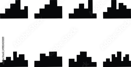 Eight Black Abstract Bar Chart or Histogram Shapes on White Background data statistics