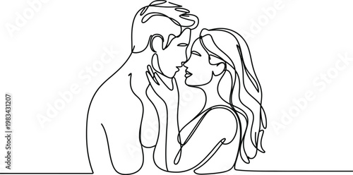 Single continuous line drawing of romantic young couple in love looking at each other for kiss on white background vector.