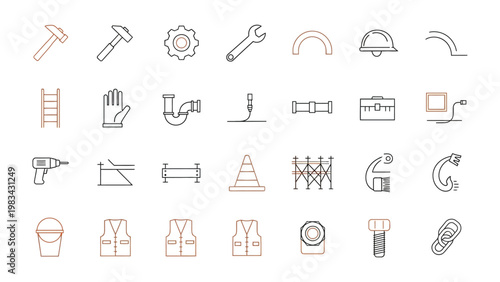 Construction Tools Icon Set: A comprehensive collection of meticulously crafted line icons, ideal for representing various construction tools and equipment, offering visual cues for projects.