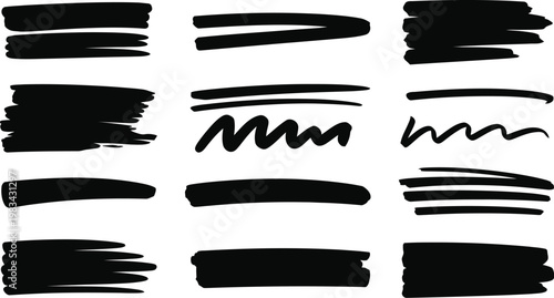 Black marker brush strokes set featuring various hand drawn ink lines highlighter smears and wavy scribbles isolated on white background.