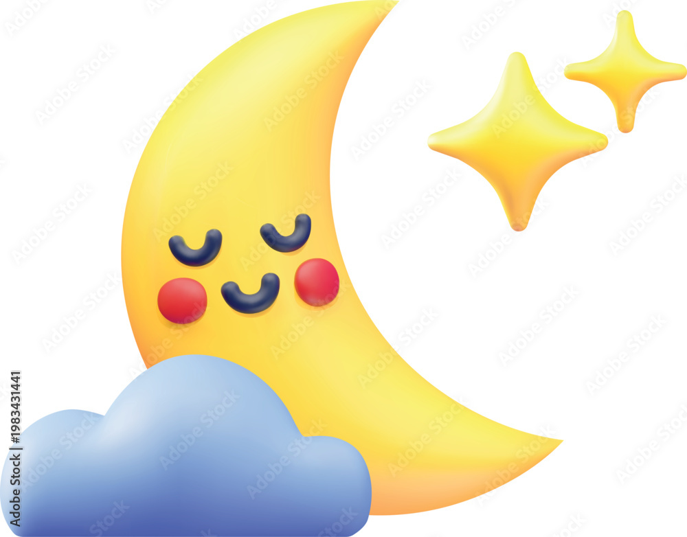 Naklejka premium A 3D character, a yellow crescent moon with a sleeping face, on a cloud with stars.