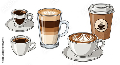 Various coffee drinks in cups and glasses on white background.