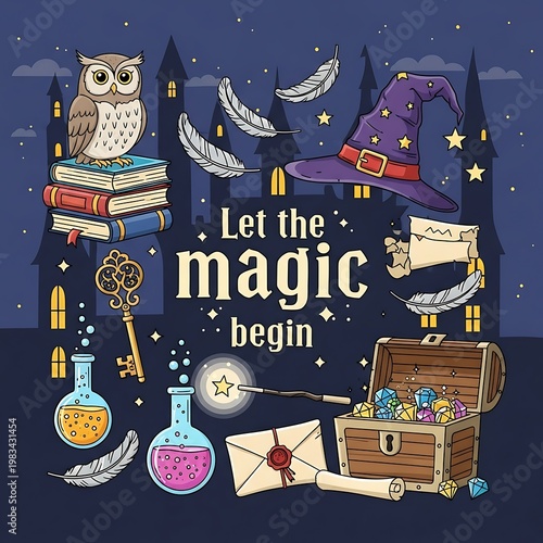Enchanting Magic Scene with Owl, Potions, and Treasure Chest.