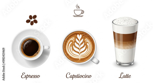 Three Coffee Drinks Espresso Cappuccino Latte with Beans.