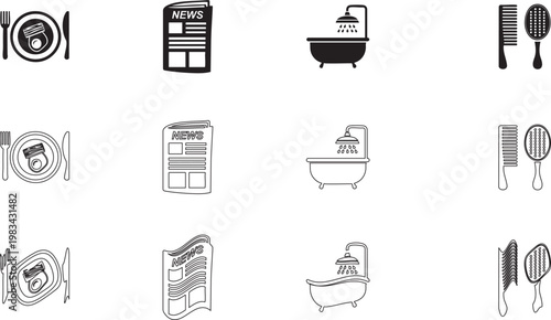Set of Daily Routine and Household Activity Icons Featuring Breakfast, News, Bathing, and Personal Grooming Symbols