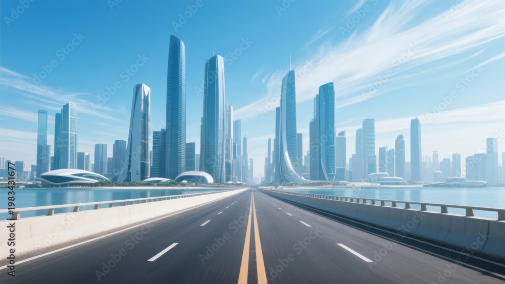 Fototapeta premium Modern city skyline with futuristic skyscrapers viewed from a wide highway bridge over water under clear blue sky