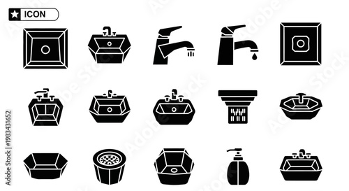 Bathroom fixtures icons, black and white symbols, plumbing elements, 16 icons set, vector graphics