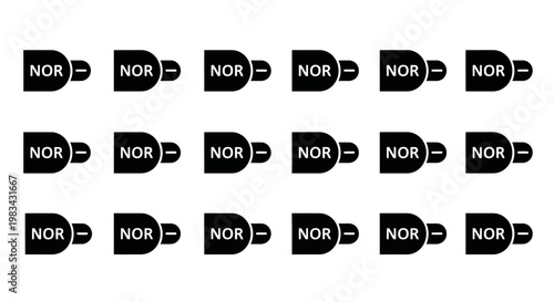 NOR gate icons, logic symbol set, black vector graphics, electronic circuit elements