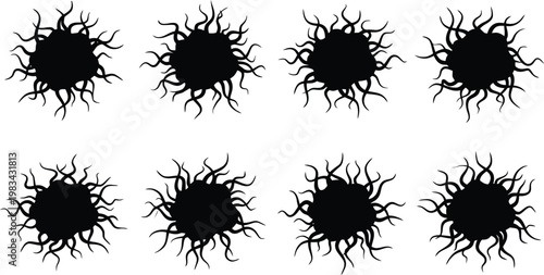 Eight black abstract spiky sunburst or explosion shapes on a white background vector illustration