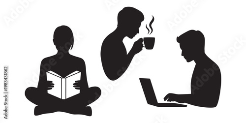 Silhouettes of people studying and working
