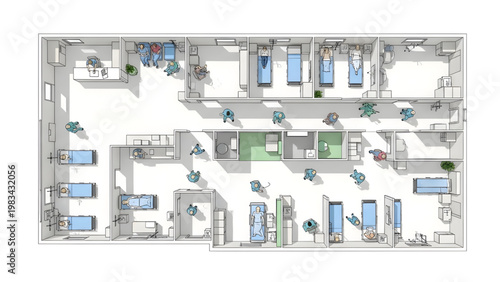 Top View Hospital Emergency Room Architectural Human Activity Layout, Medical CAD Line Vector Illustration, Clinical Workflow Diagram Isolated on White Background