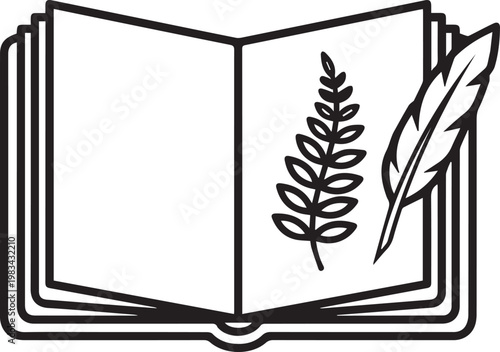 Elegant Minimalist Botanical Sketchbook with Quill Pen Vector Icon – Perfect for Stationery Brands, Journaling Apps, Creative Workshops, Handmade Crafts, Bookbinding Designs, Calligraphy