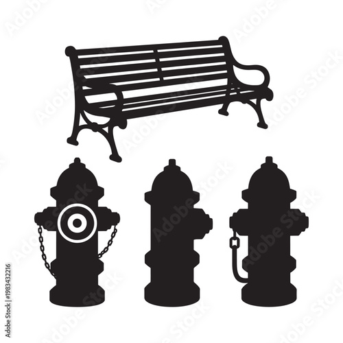 Black silhouettes of a park bench and three fire hydrants