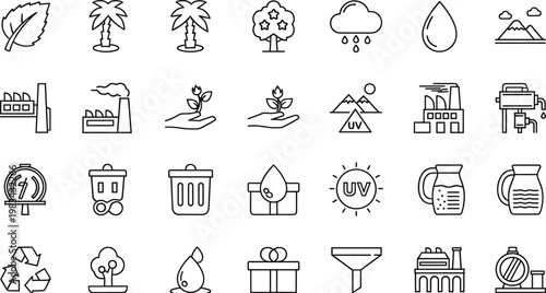 Environmental and Sustainability Icon Set Featuring Green Energy, Water Conservation, and Eco-Friendly Themes in Minimalist Black and White Designs