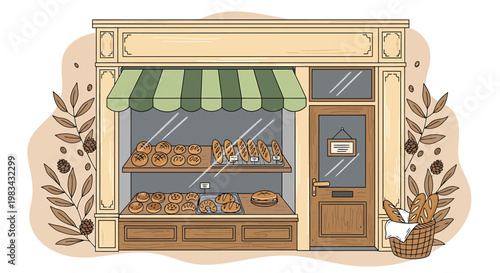 Illustration of a charming bakery storefront with various bread on display outside