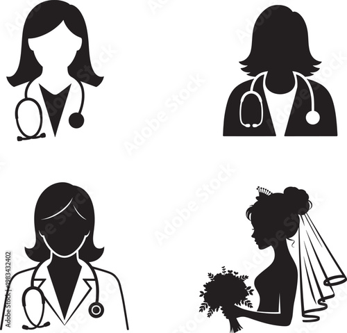 black silhouettes of women in various professions and wedding attire