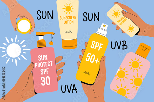 Sunscreen products with SPF for sun protection and UV rays defense