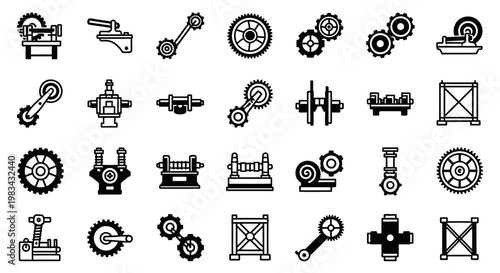 Industrial icons, mechanical symbols, gear and tool vector set, 25 black and white engineering graphics