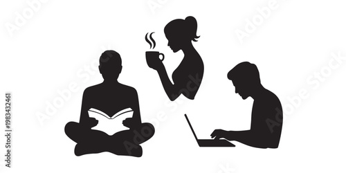 a silhouette of three people sitting in different poses, one reading a book, one drinking coffee, and one working on a laptop