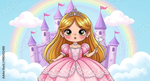 Enchanting Princess in a Pink Gown with Castle Backdrop.