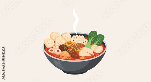 Hot Bowl of Spicy Noodle Soup with Meats and Vegetables.
