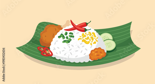 Nasi Goreng and Fried Chicken on Banana Leaf  Indonesian Food.