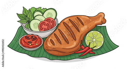 Grilled Chicken Leg with Sambal Cucumber and Tomato Salad.