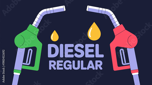 Diesel and regular fuel nozzles with oil drops and labels