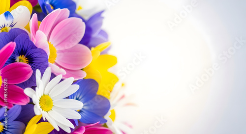 Vibrant spring flowers close-up, including pansies, daisies, and gerbera daisies.