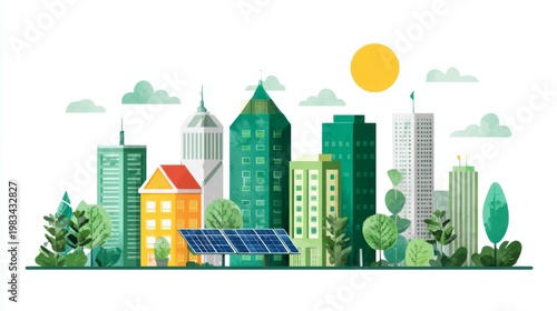 Eco-Friendly Smart City with Green Buildings and Solar Energy in a Vibrant Urban Landscape