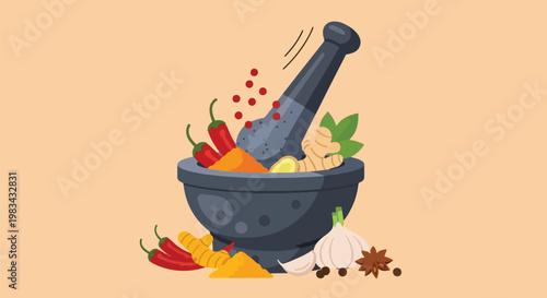 Mortar and Pestle Grinding Fresh Spices for Cooking and Ayurveda.
